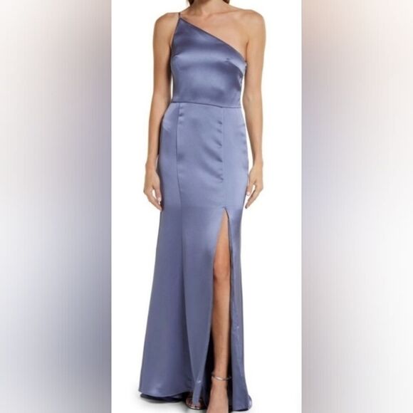 Amsale Kaia One-Shoulder Satin Gown in Slate/Gray size 4 NWOT - Picture 1 of 5